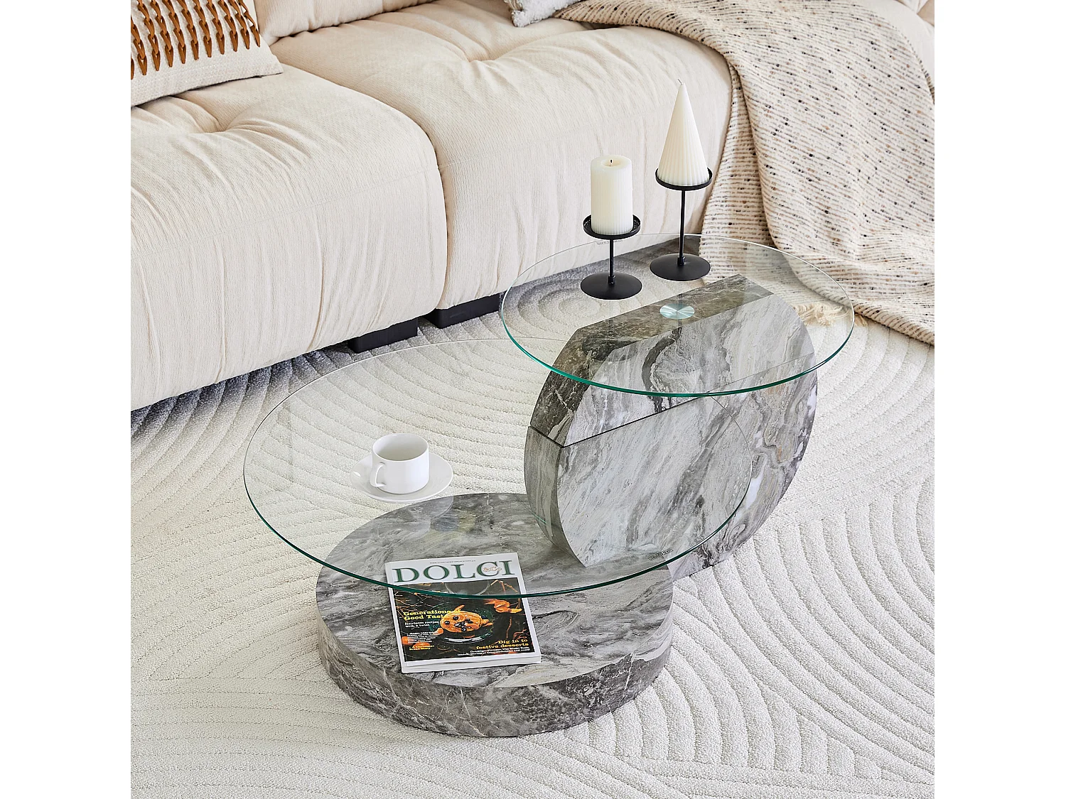 Mesa de centro minimalista de cristal de 2 niveles - Efecto mármol gris