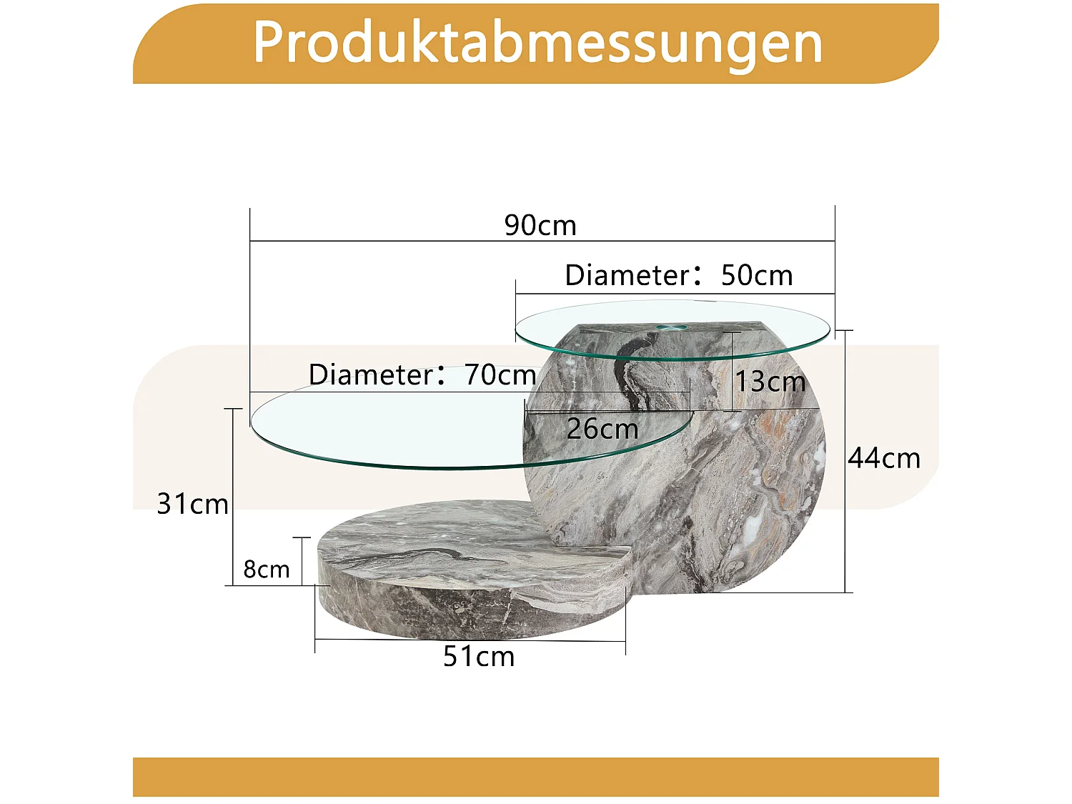Mesa de centro minimalista de cristal de 2 niveles - Efecto mármol gris