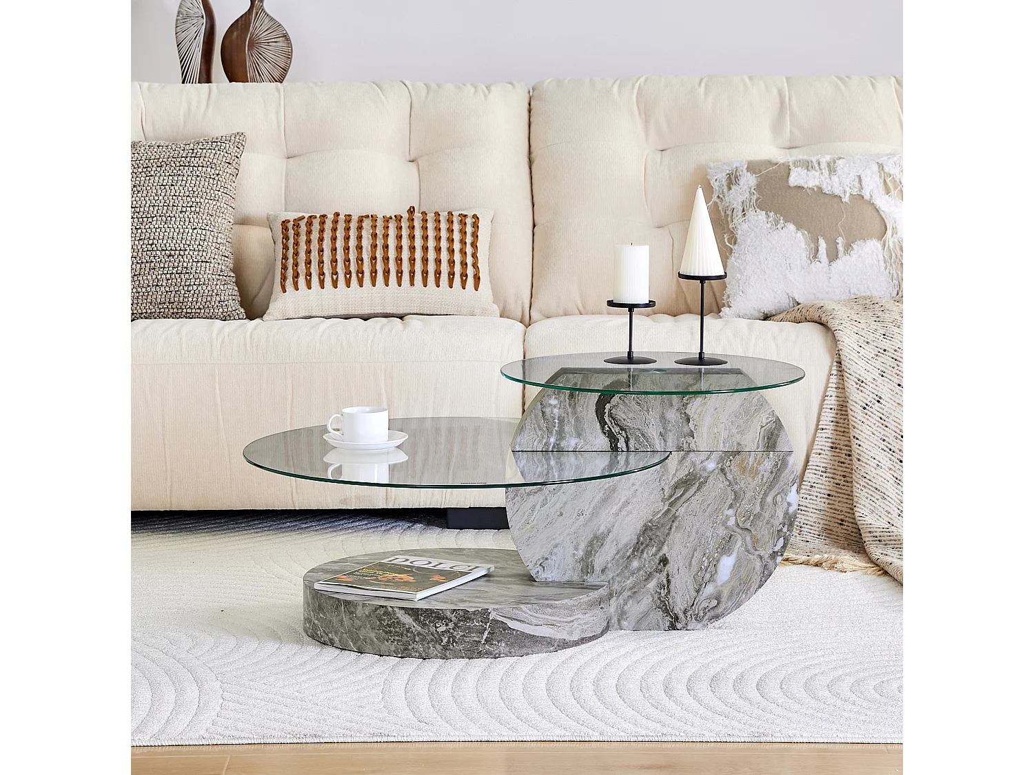 Mesa de centro minimalista de cristal de 2 niveles - Efecto mármol gris