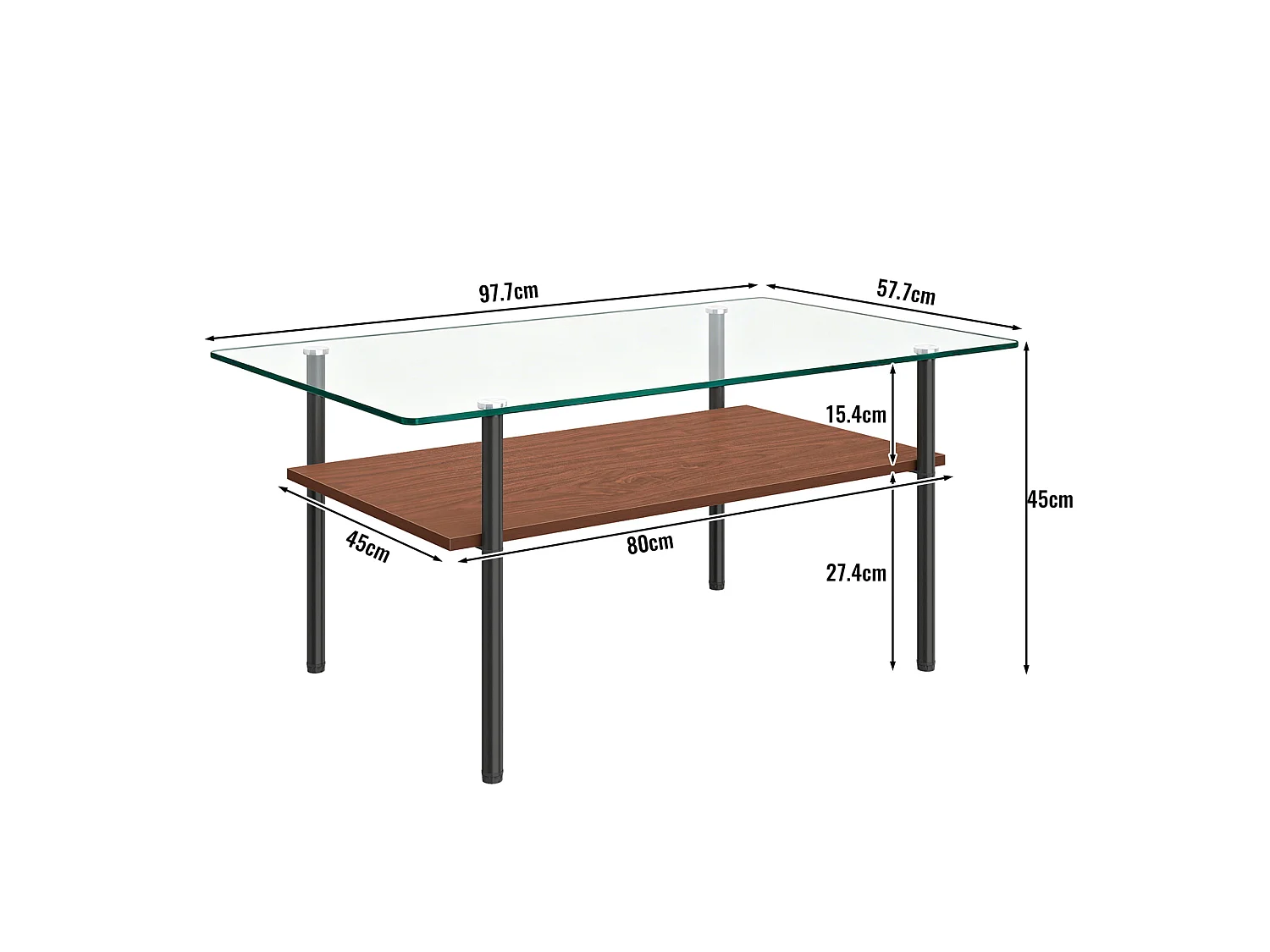 Tavolino moderno con vano contenitore - Piano in vetro - Nero e marrone