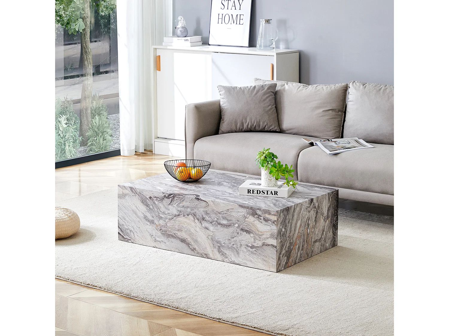 Table basse rectangulaire 90x50x30 cm - Effet marbre gris