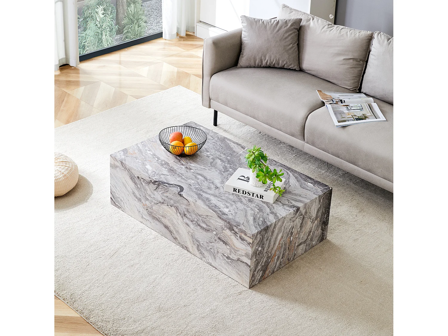 Table basse rectangulaire 90x50x30 cm - Effet marbre gris