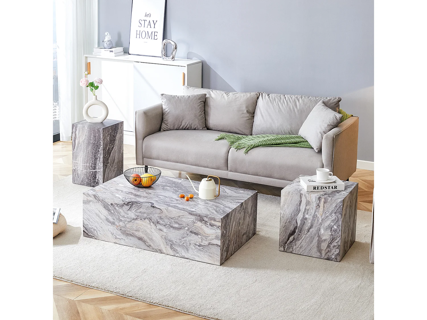 Table basse rectangulaire 90x50x30 cm - Effet marbre gris