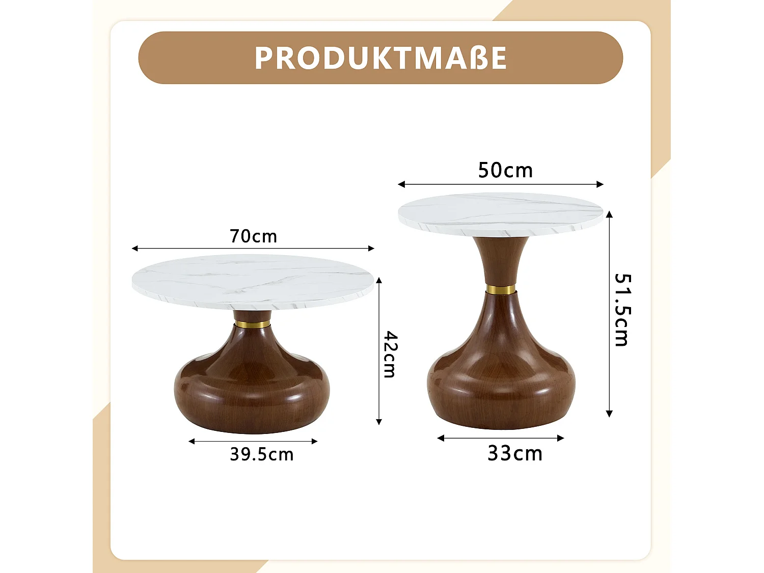 Set di 2 tavolini da caffè rotondi, 70 cm e 50 cm, noce e bianco - Piano effetto marmo