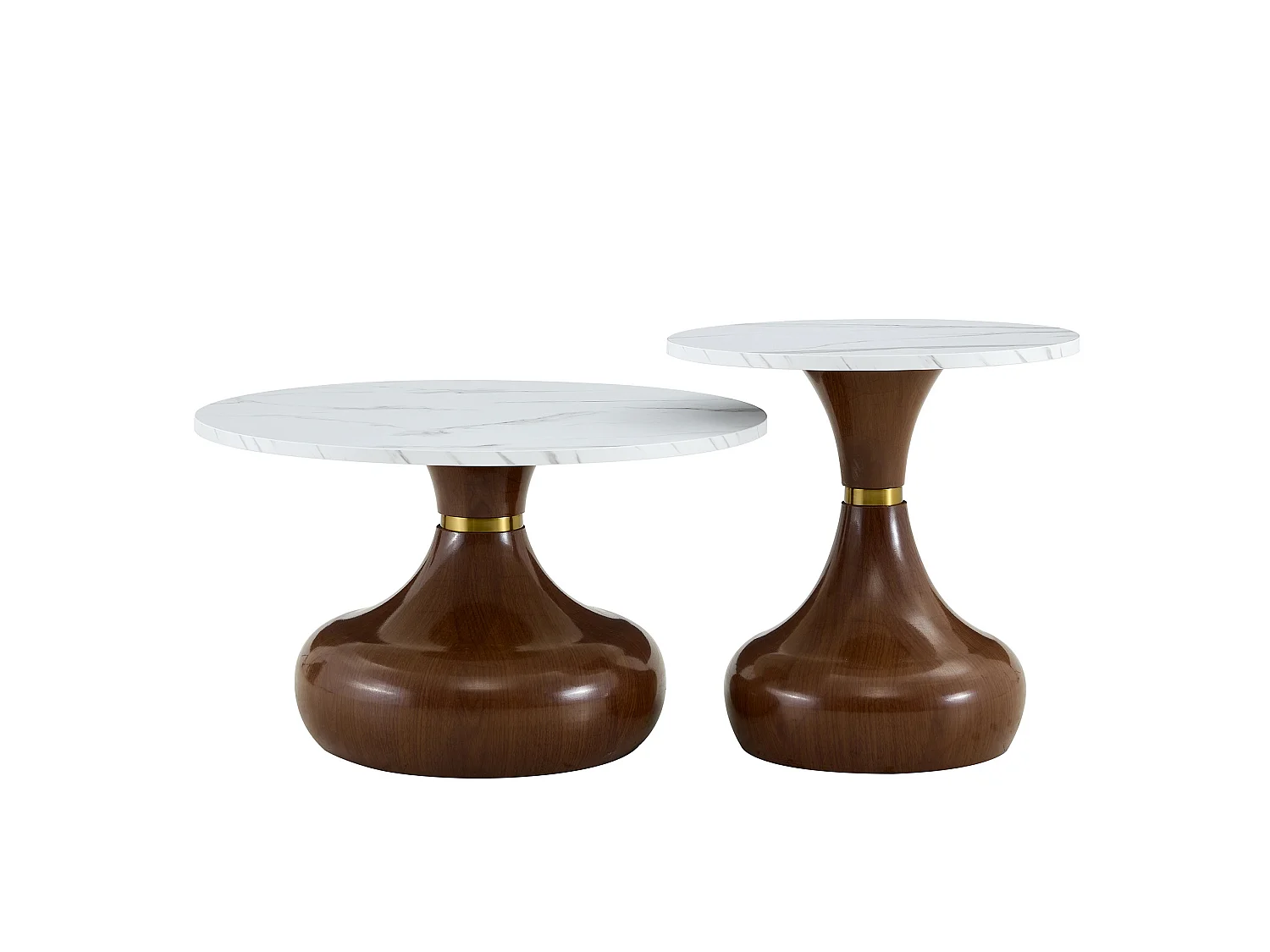 Set di 2 tavolini da caffè rotondi, 70 cm e 50 cm, noce e bianco - Piano effetto marmo