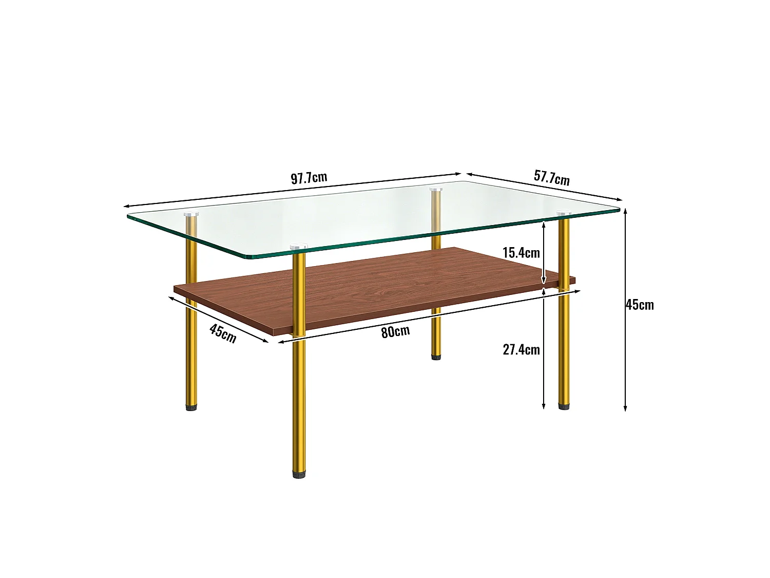 Tavolino moderno con vano contenitore - Piano in vetro - Oro e marrone