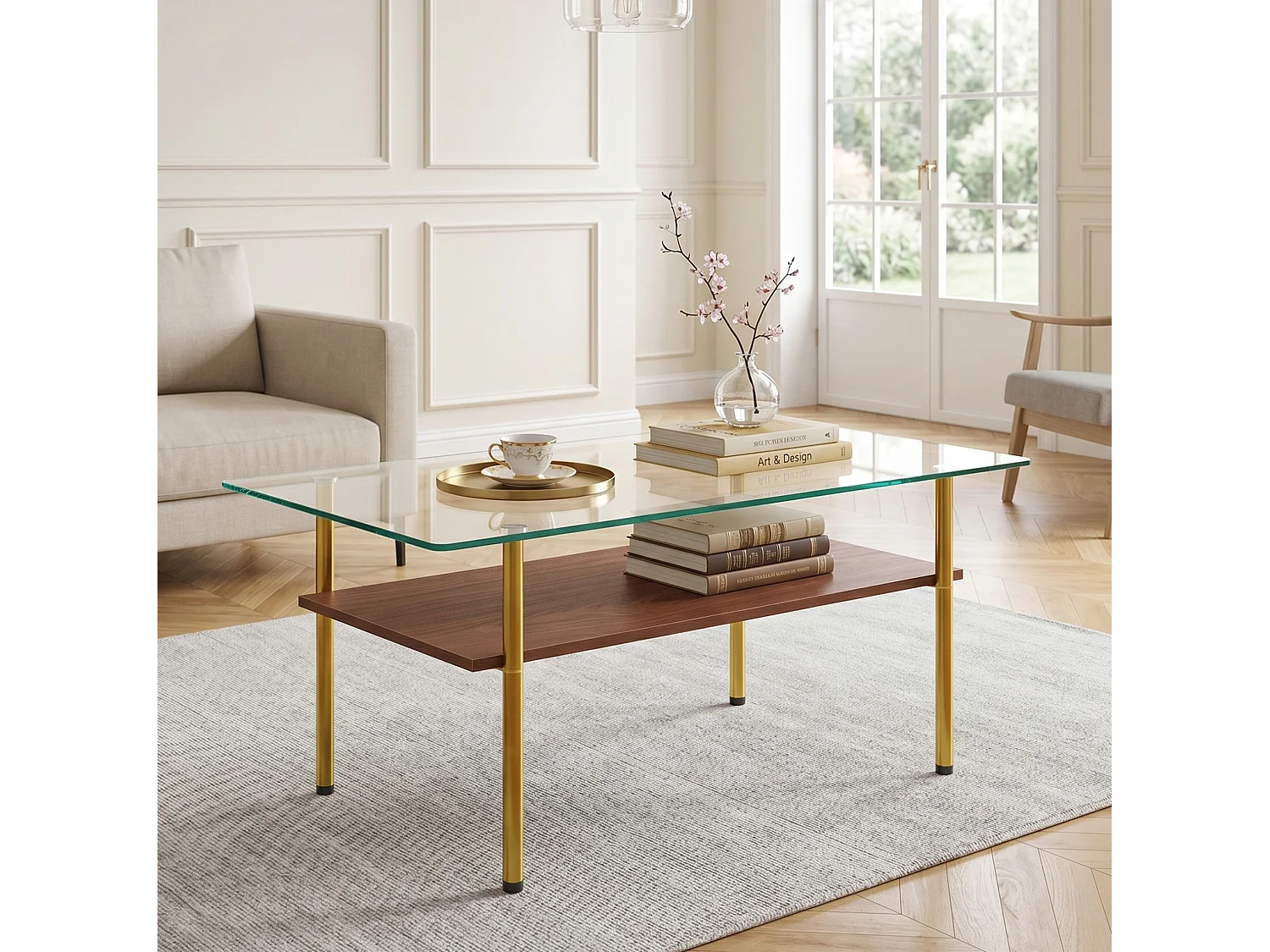 Tavolino moderno con vano contenitore - Piano in vetro - Oro e marrone