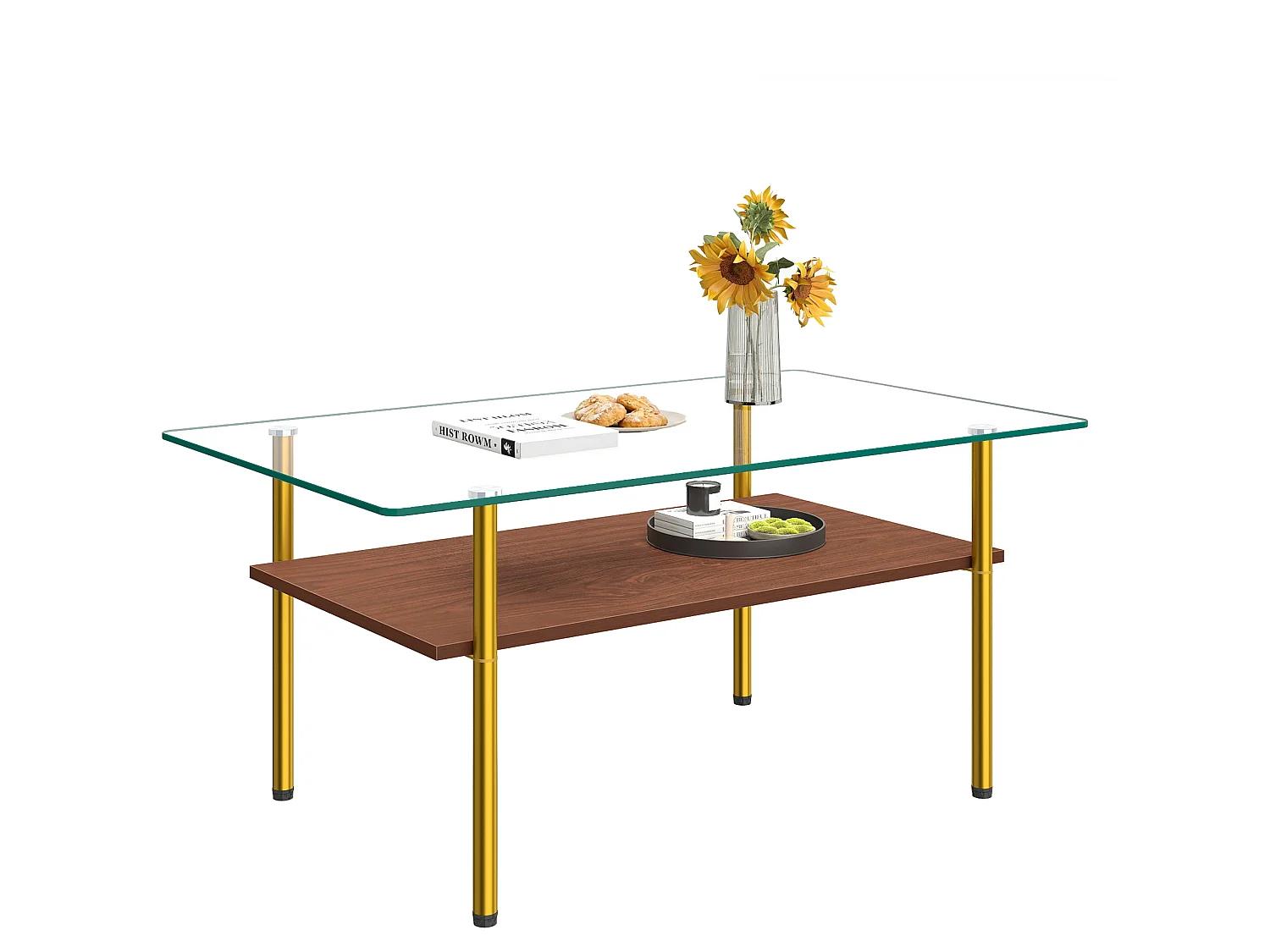 Tavolino moderno con vano contenitore - Piano in vetro - Oro e marrone