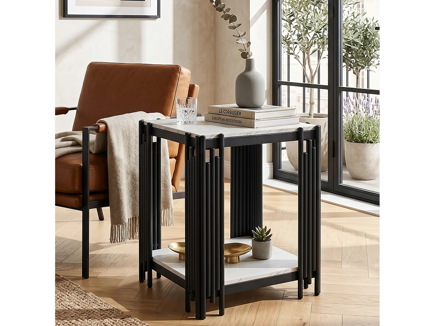 Tavolino a due ripiani, 54,7x43x40 cm, bianco e nero, effetto marmo