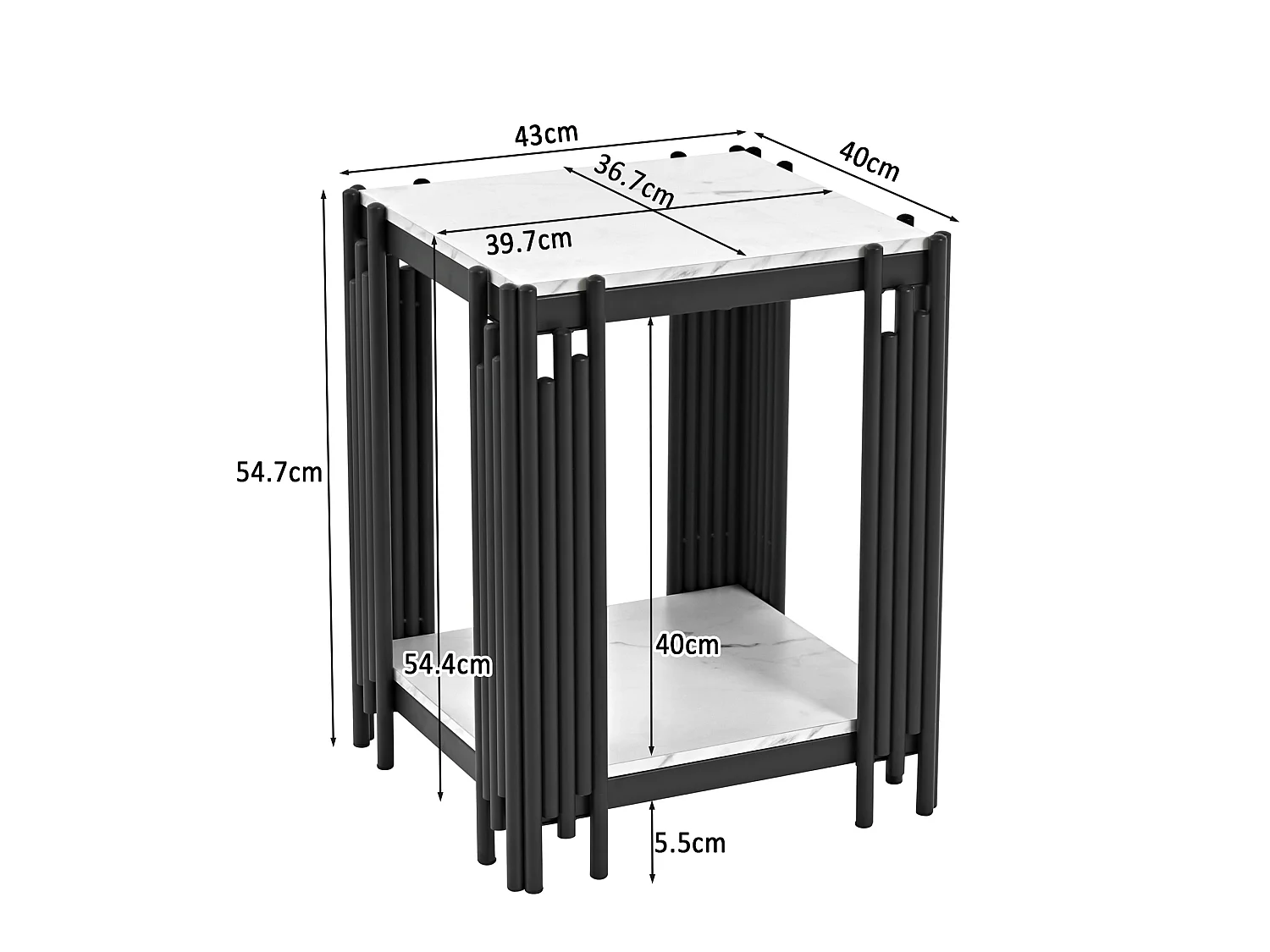 Tavolino a due ripiani, 54,7x43x40 cm, bianco e nero, effetto marmo