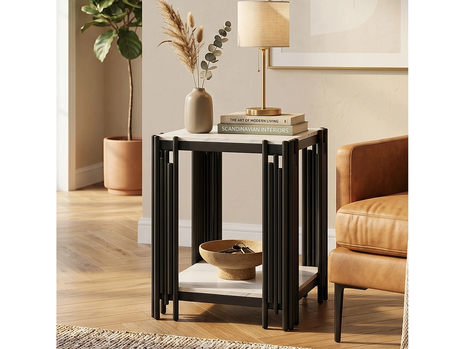 Tavolino a due ripiani, 54,7x43x40 cm, bianco e nero, effetto marmo