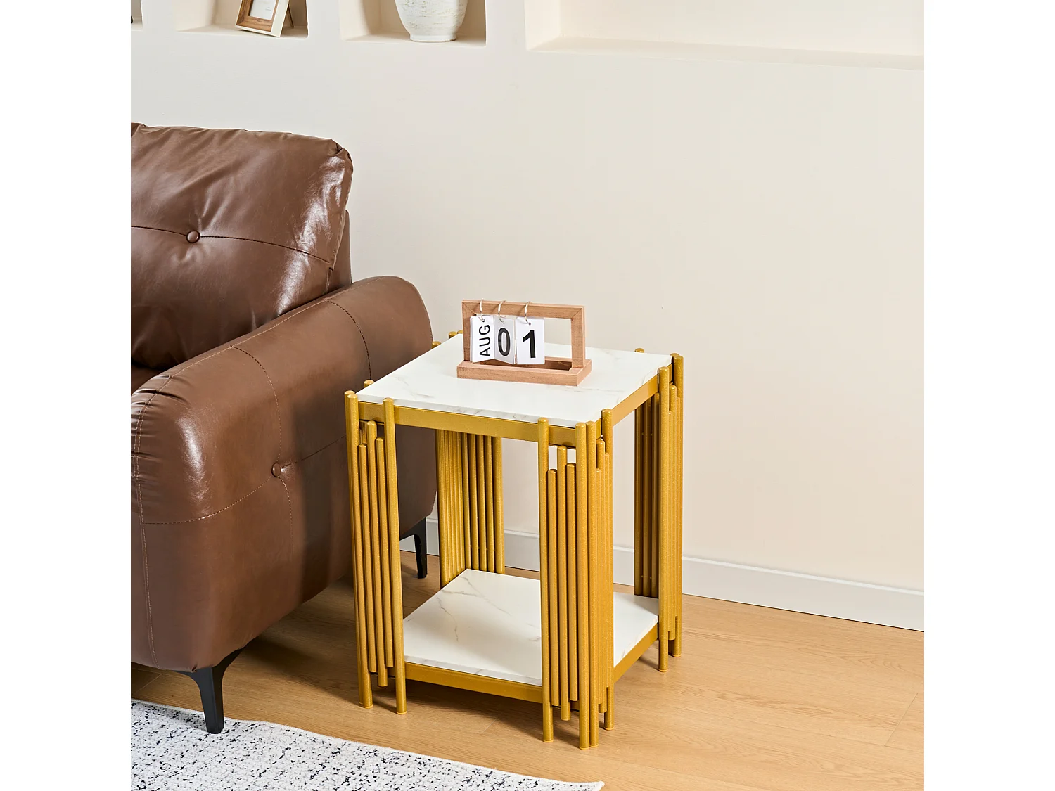 Salontafel met twee niveaus, 54,7 x 43 x 40 cm, wit en goud, marmerlook