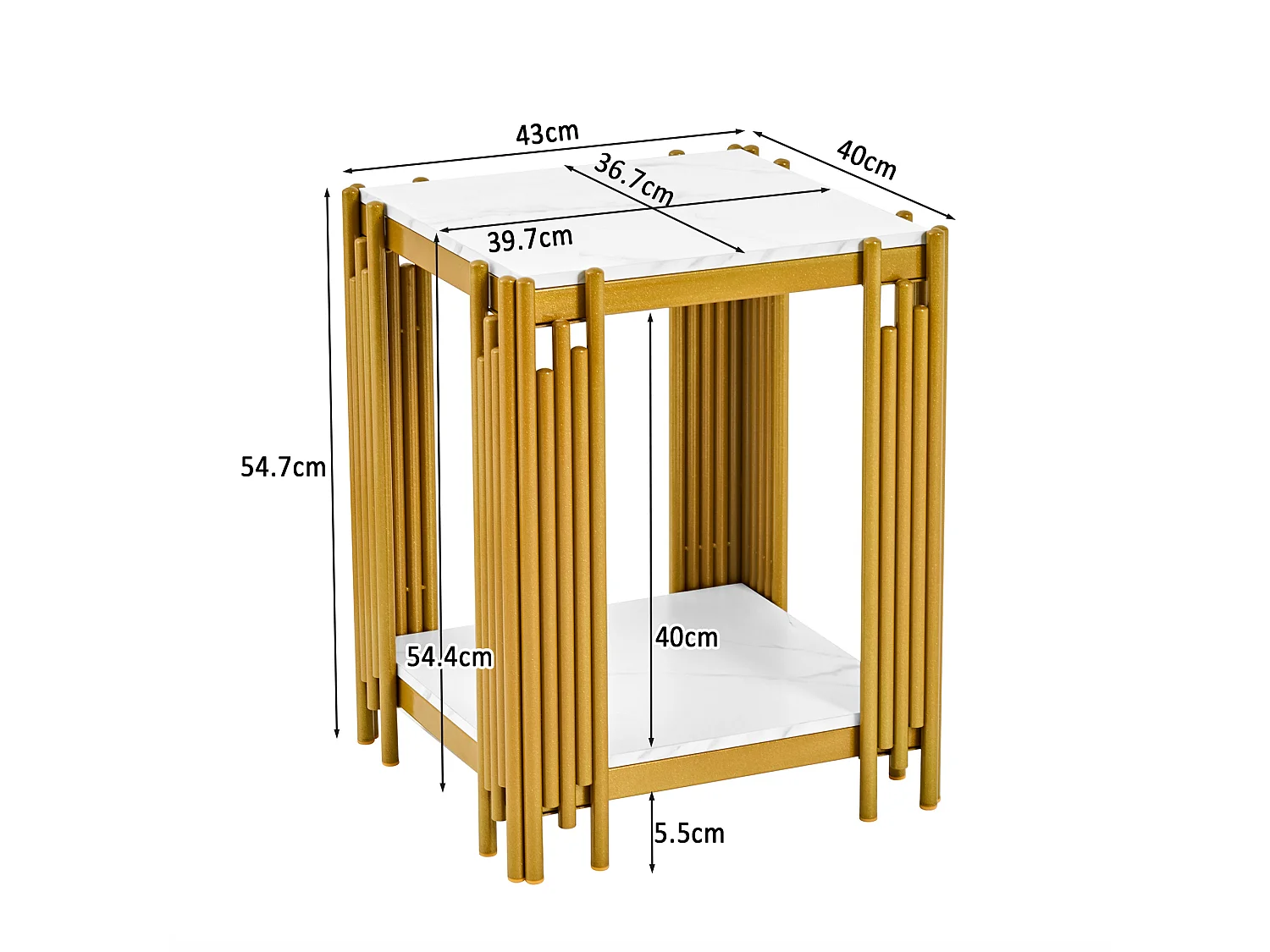 Salontafel met twee niveaus, 54,7 x 43 x 40 cm, wit en goud, marmerlook