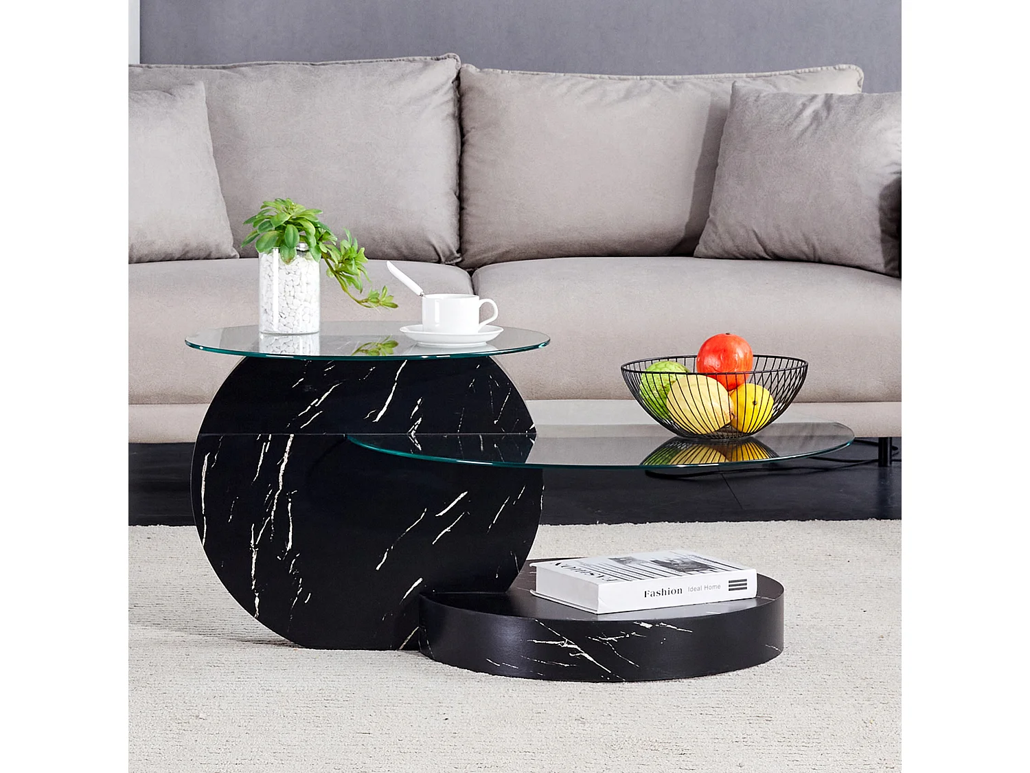 Mesa de centro minimalista de cristal de 2 niveles - Negro