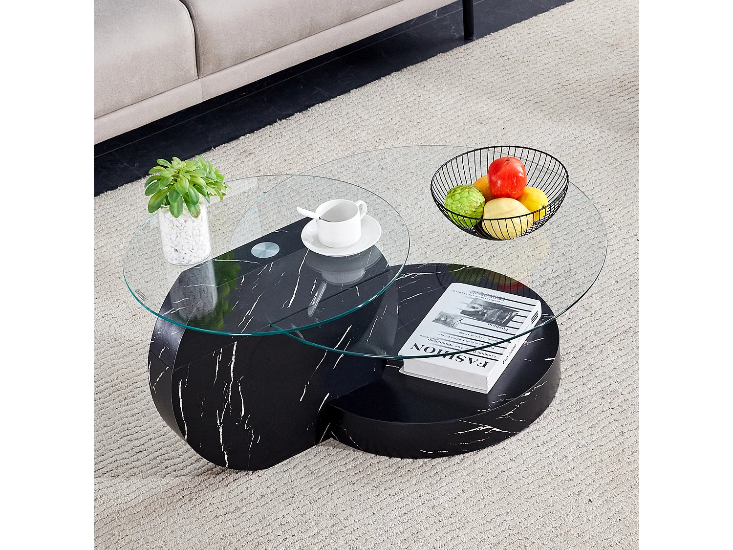 Mesa de centro minimalista de cristal de 2 niveles - Negro