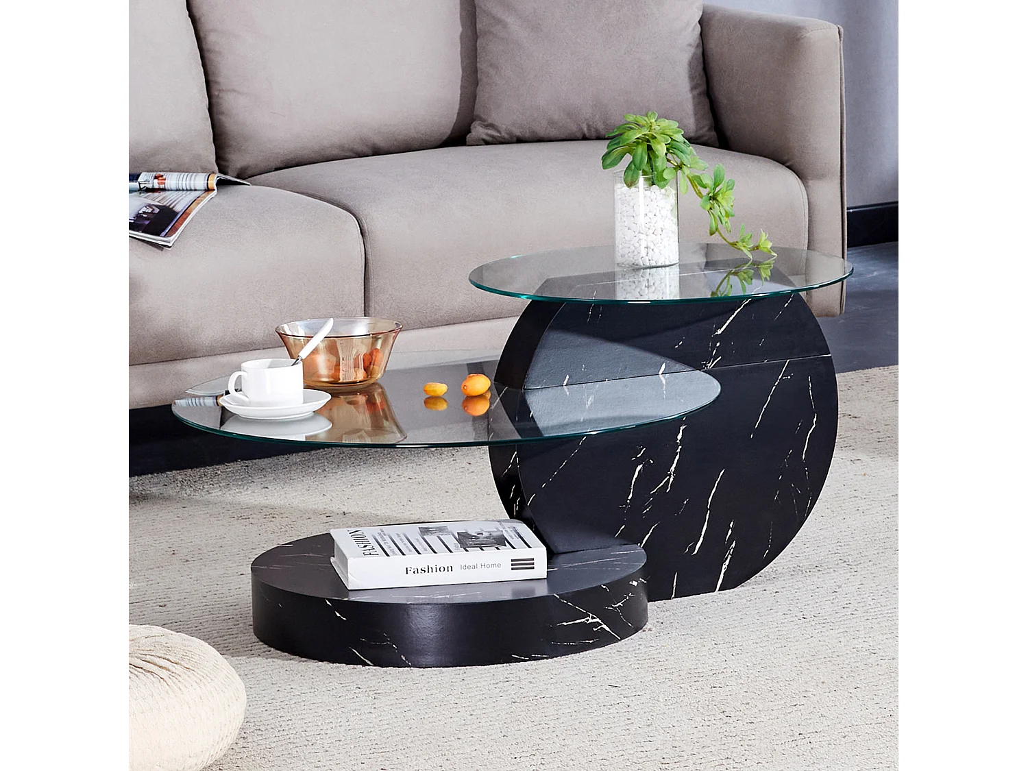 Mesa de centro minimalista de cristal de 2 niveles - Negro