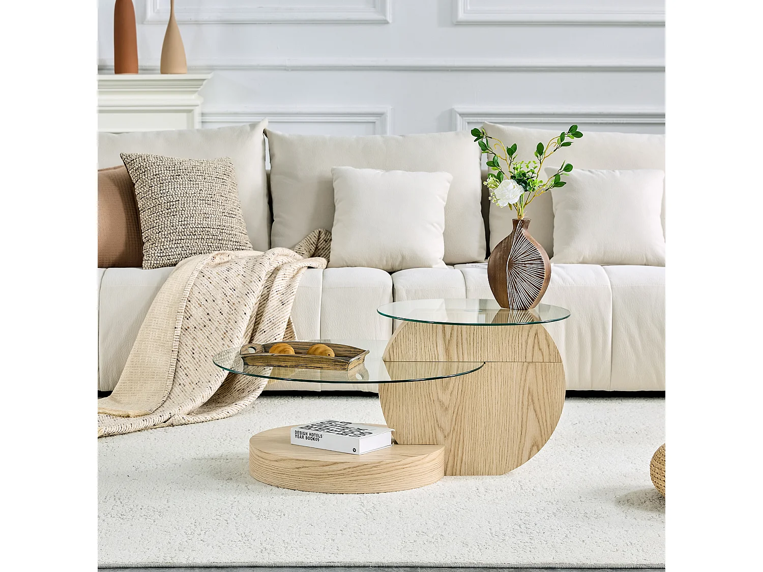 Mesa de centro minimalista de cristal de 2 niveles - Natural claro