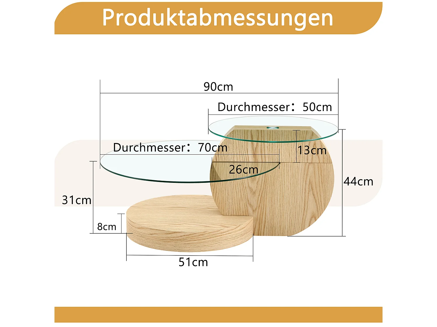 Mesa de centro minimalista de cristal de 2 niveles - Natural claro