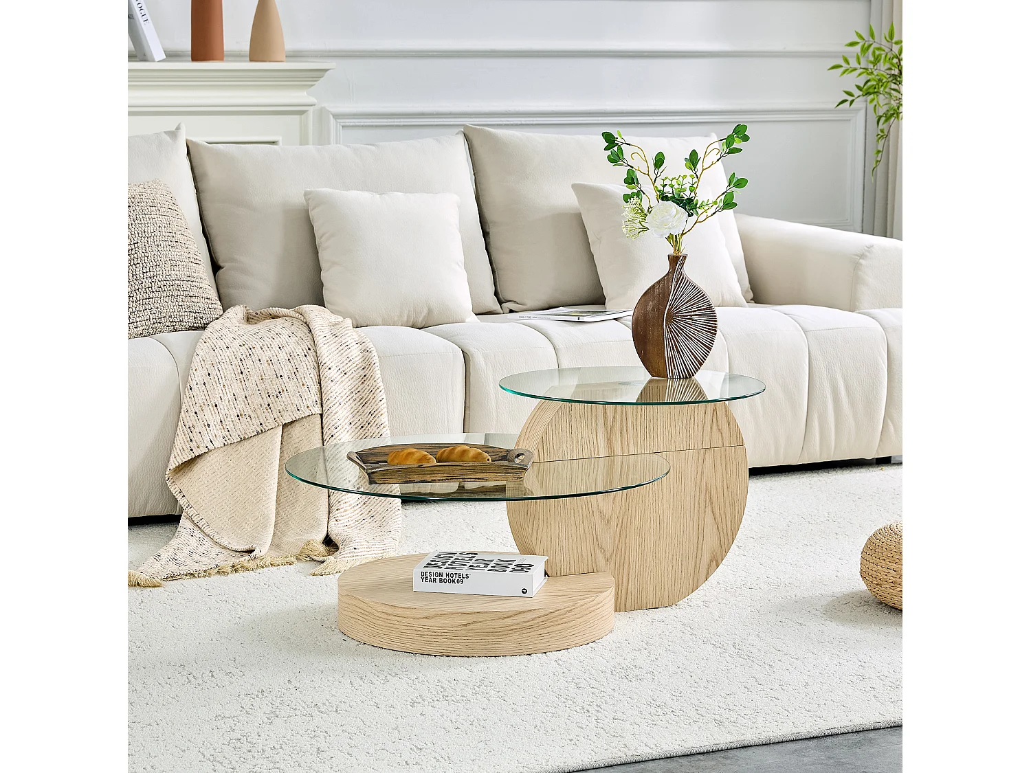 Mesa de centro minimalista de cristal de 2 niveles - Natural claro