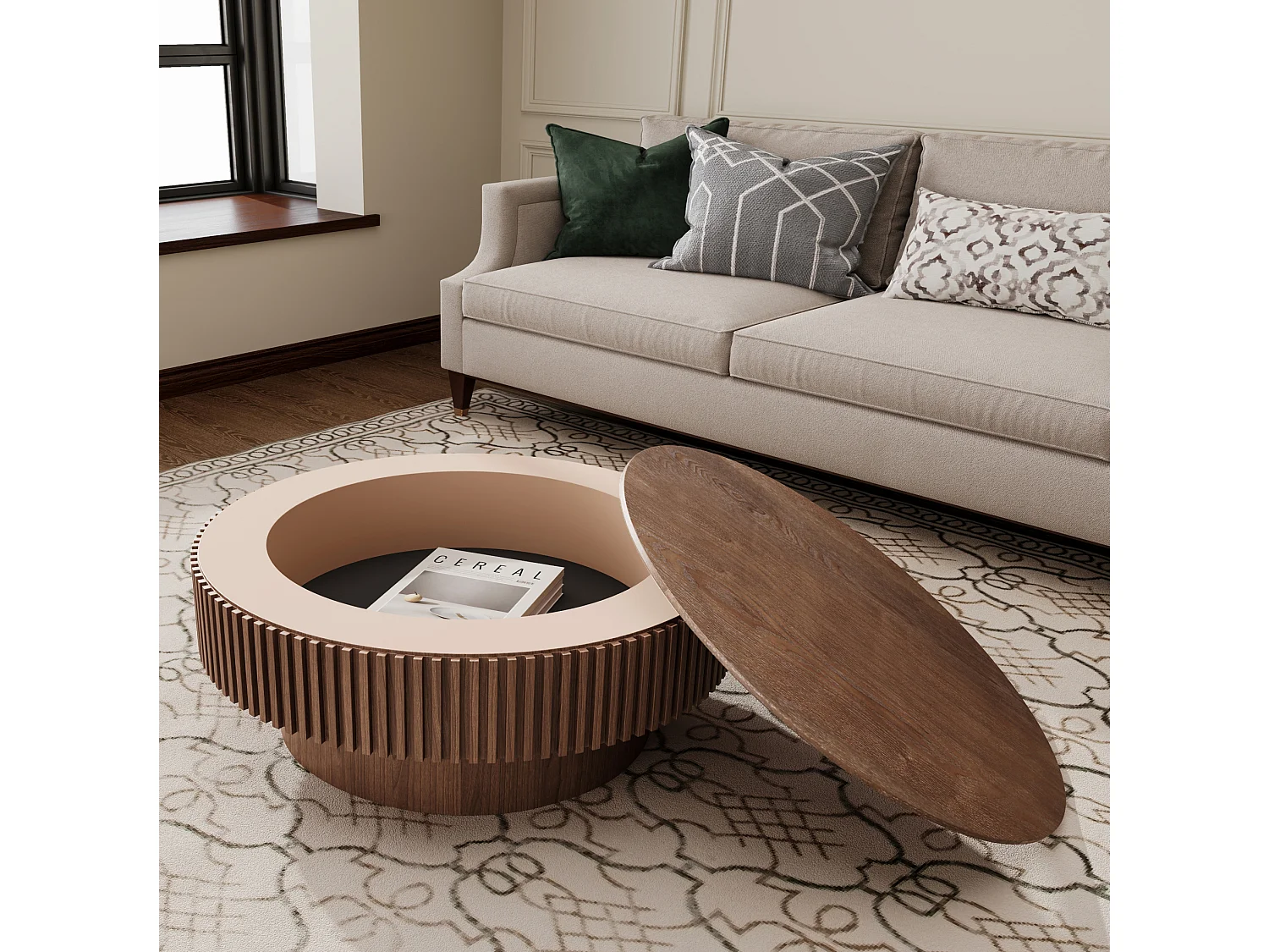 Tavolino rotondo da 75 cm in legno marrone stile retrò con vano contenitore - Piano effetto legno