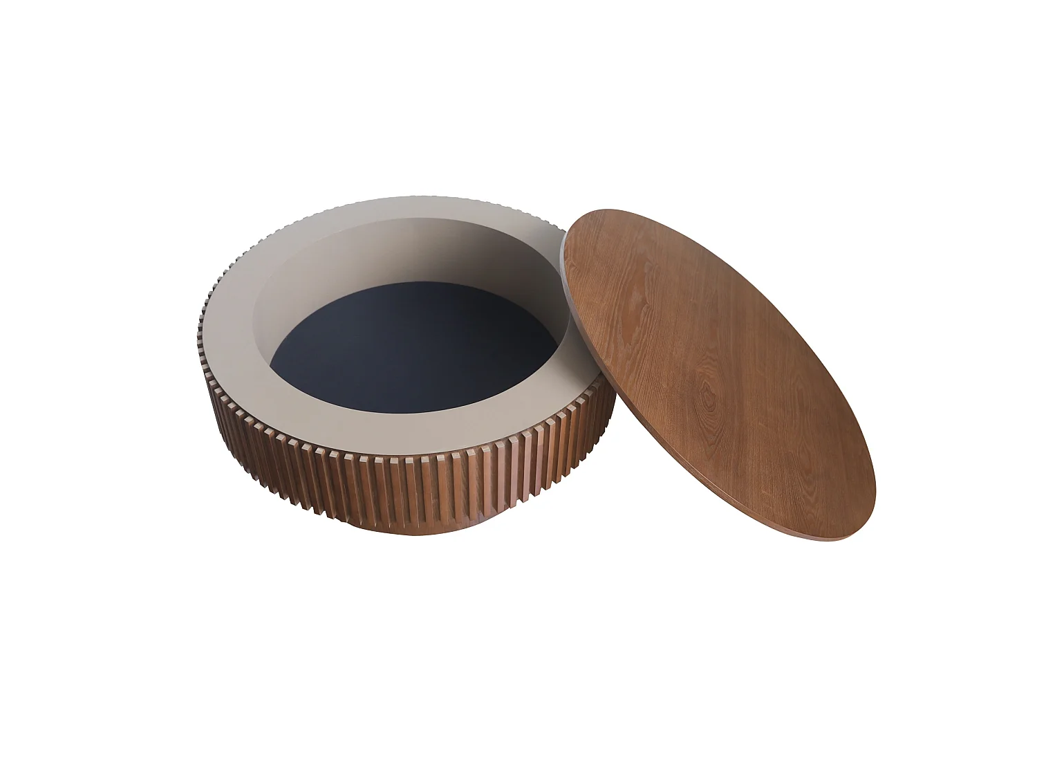 Tavolino rotondo da 75 cm in legno marrone stile retrò con vano contenitore - Piano effetto legno