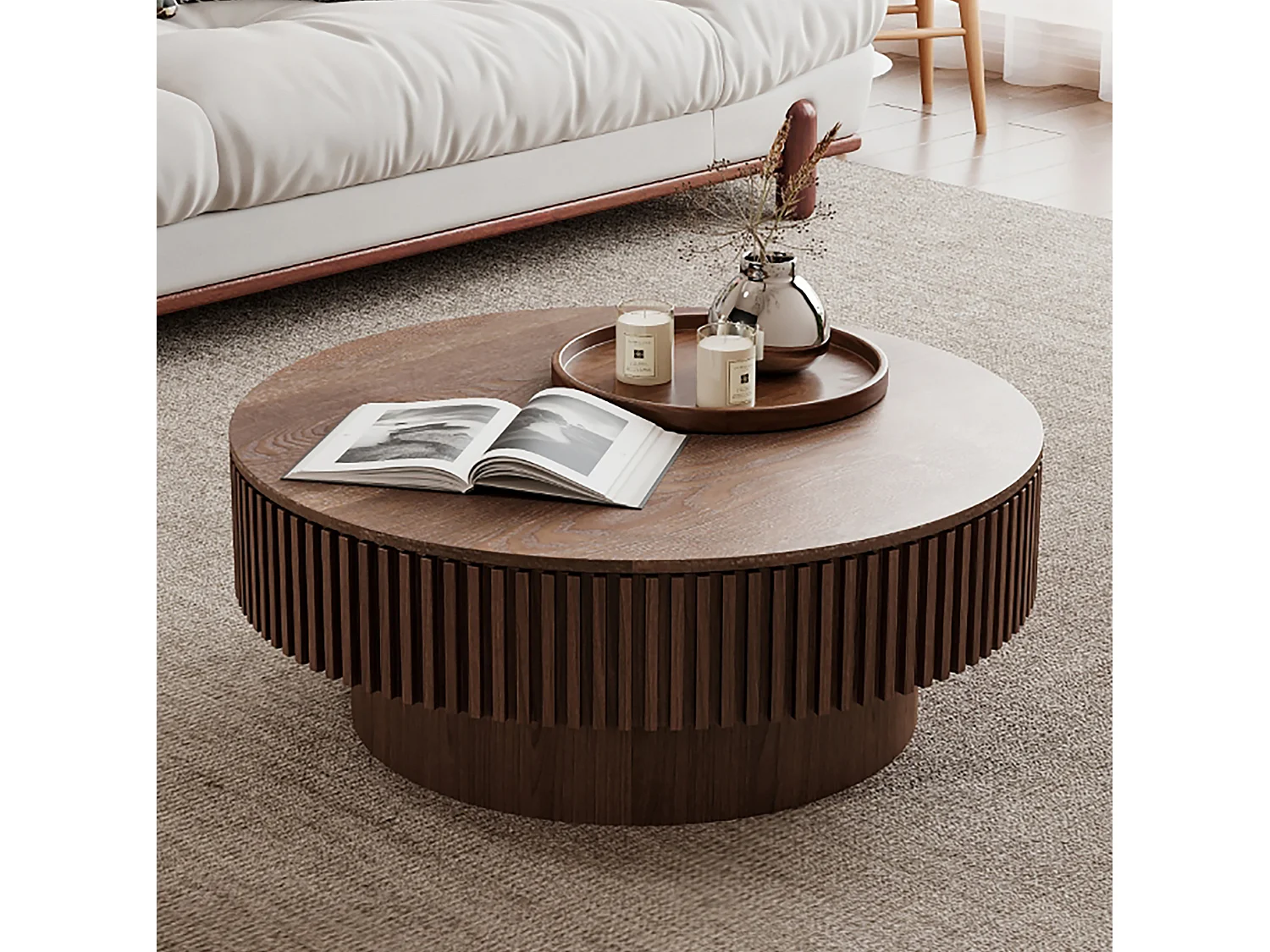 Tavolino rotondo da 75 cm in legno marrone stile retrò con vano contenitore - Piano effetto legno