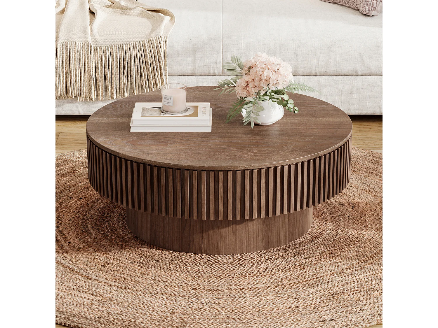 Tavolino rotondo da 75 cm in legno marrone stile retrò con vano contenitore - Piano effetto legno
