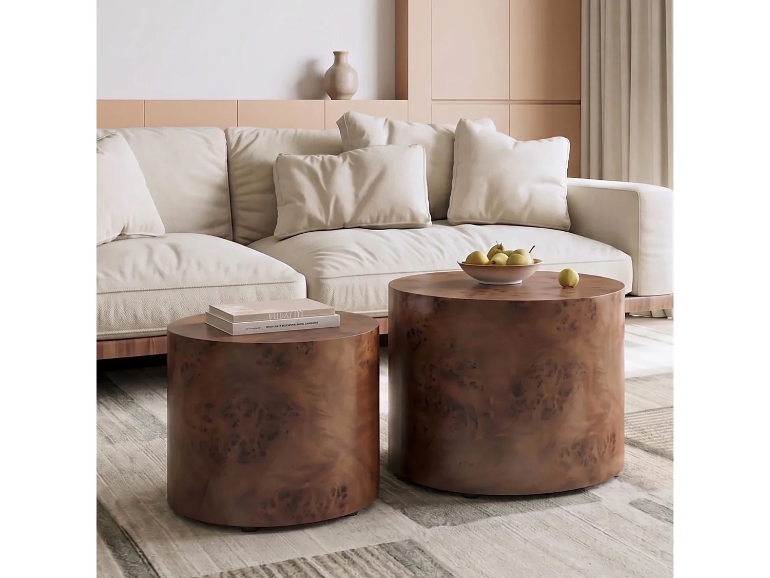 Set di 2 tavolini rotondi impilabili, 48 cm e 38 cm, in legno marrone scuro