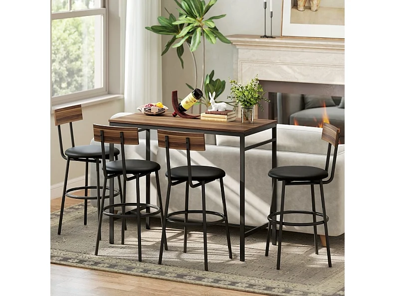 Conjunto de mesa de bar de 110x55 cm y 4 taburetes - Estilo industrial - Negro y marrón