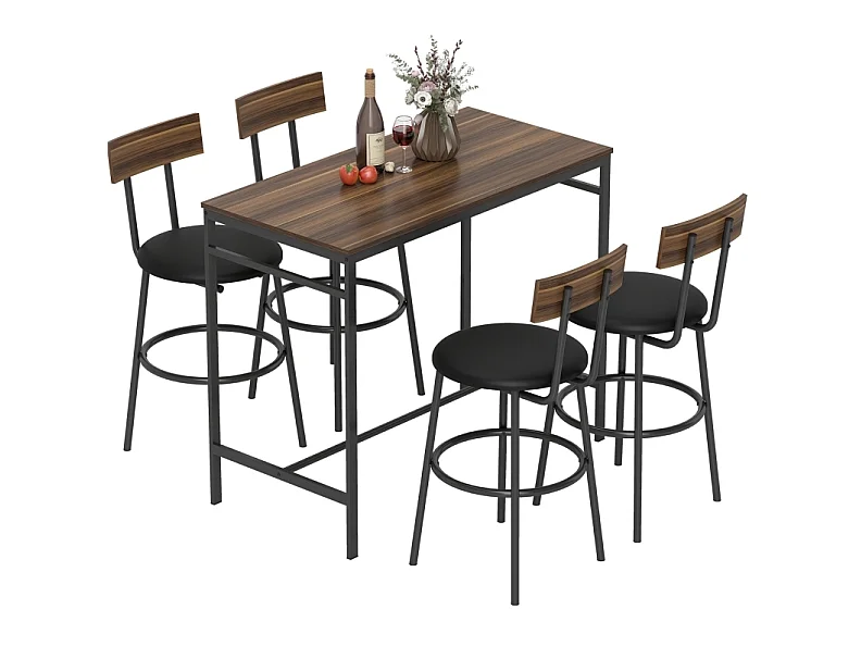 Conjunto de mesa de bar de 110x55 cm y 4 taburetes - Estilo industrial - Negro y marrón