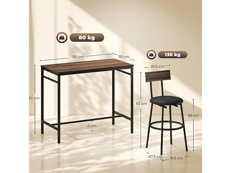 Conjunto de mesa de bar de 110x55 cm y 4 taburetes - Estilo industrial - Negro y marrón
