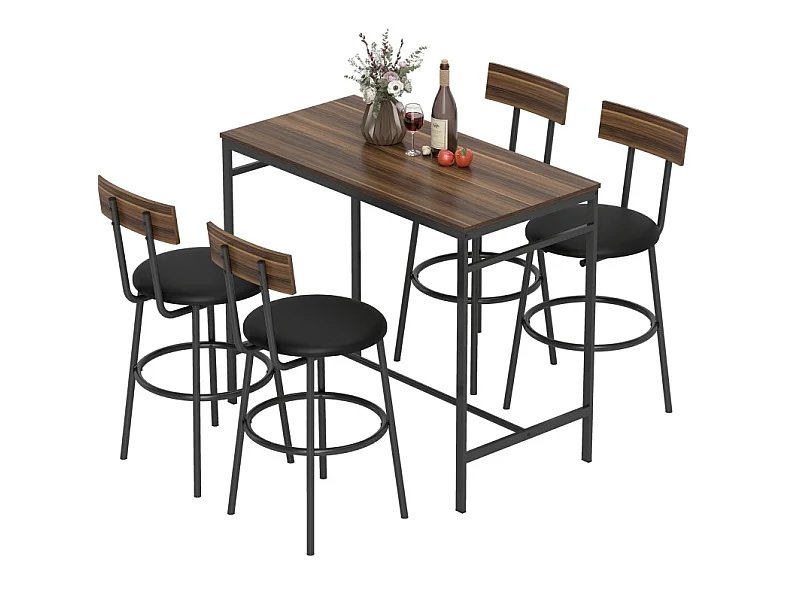 Conjunto de mesa de bar de 110x55 cm y 4 taburetes - Estilo industrial - Negro y marrón