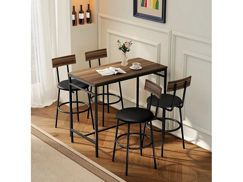 Conjunto de mesa de bar de 110x55 cm y 4 taburetes - Estilo industrial - Negro y marrón