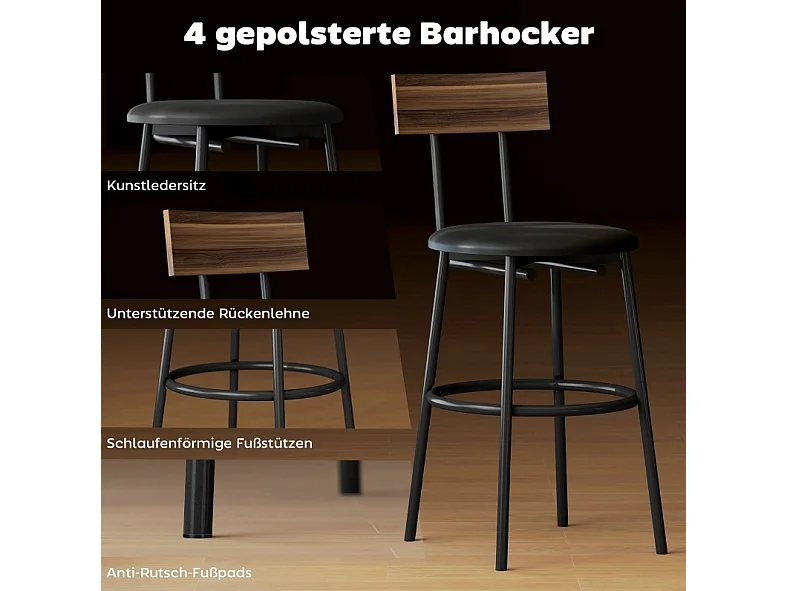 Conjunto de mesa de bar de 110x55 cm y 4 taburetes - Estilo industrial - Negro y marrón