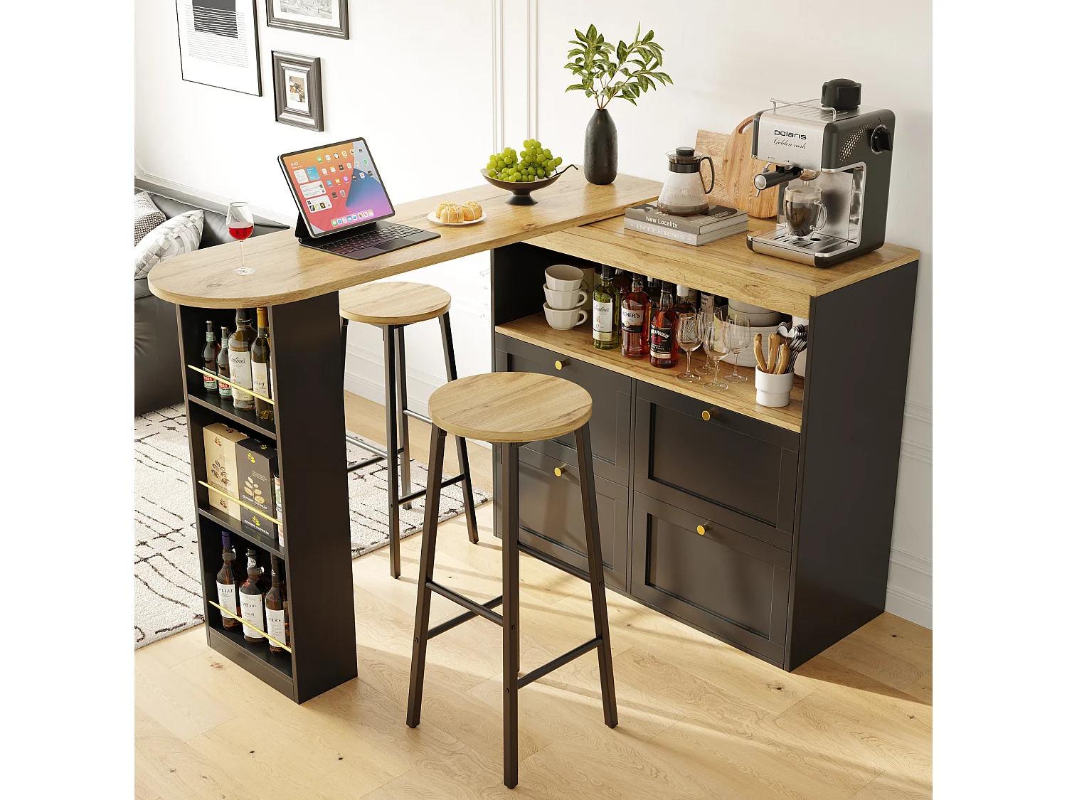 Ensemble meuble de bar + 2 tabourets - Noir et naturel foncé
