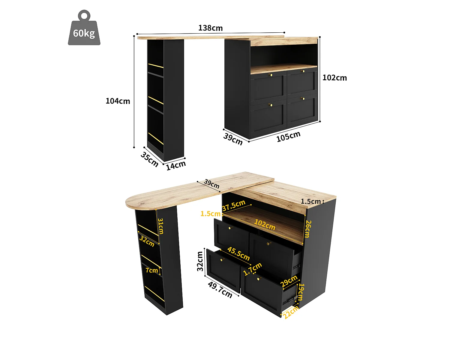 Ensemble meuble de bar + 2 tabourets - Noir et naturel foncé