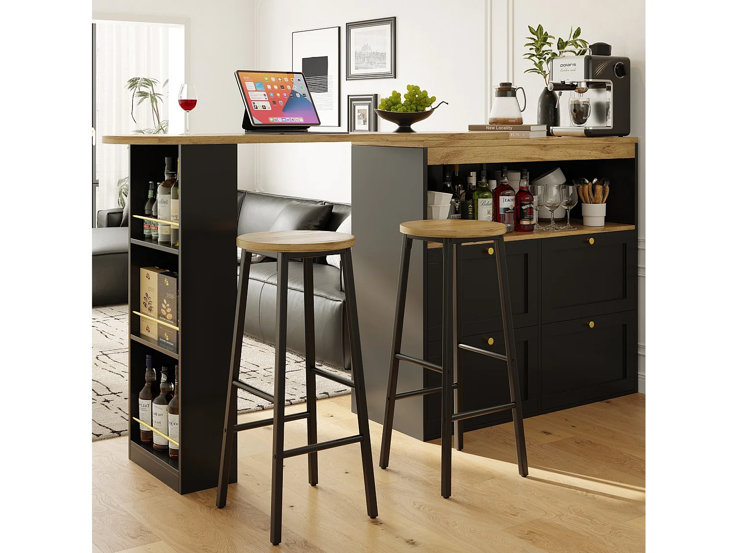 Ensemble meuble de bar + 2 tabourets - Noir et naturel foncé