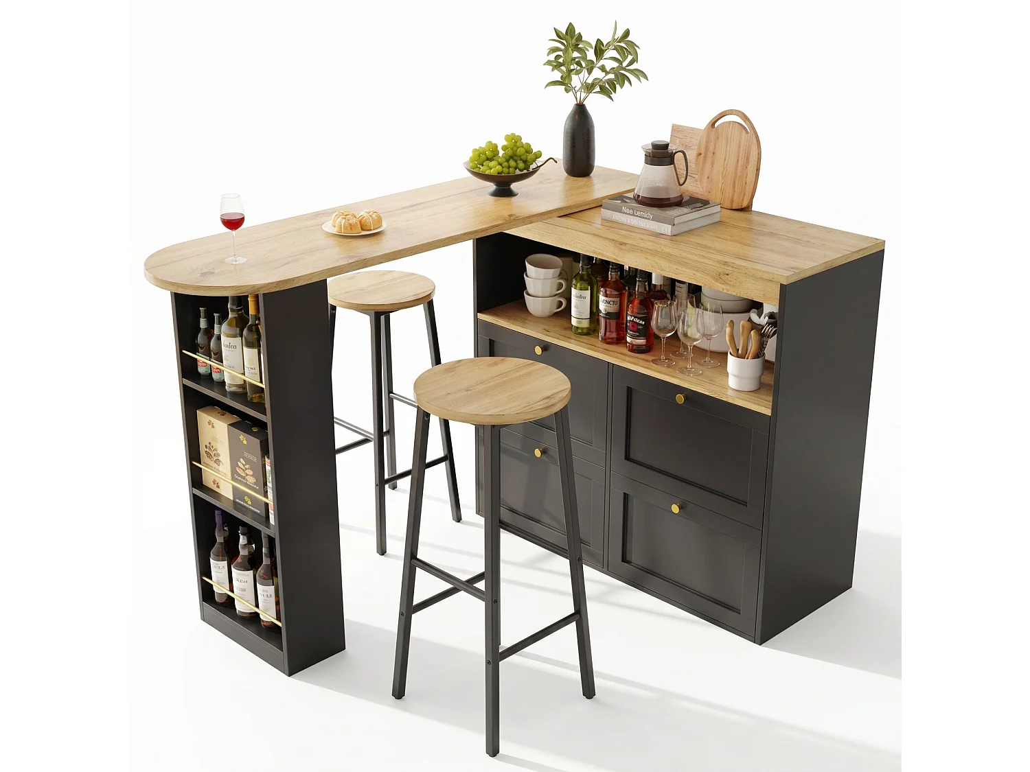 Ensemble meuble de bar + 2 tabourets - Noir et naturel foncé