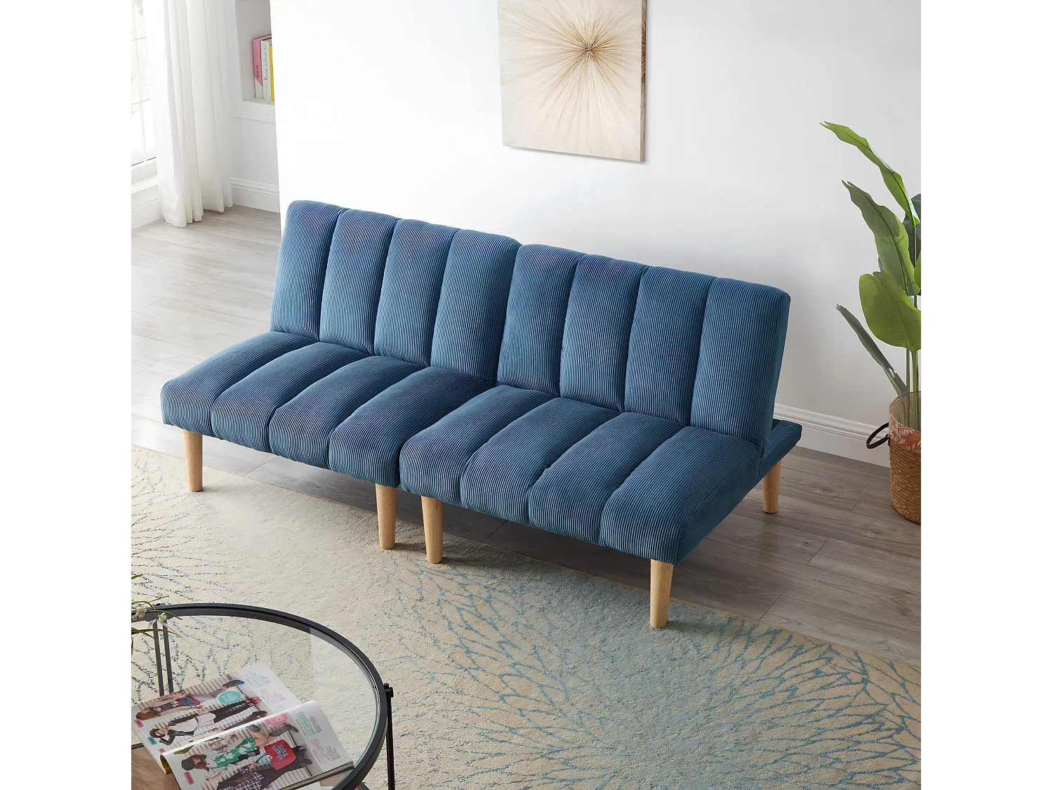 Canapé convertible 2 places bleu, sans accoudoirs, dossier réglable, futon pliable, salon
