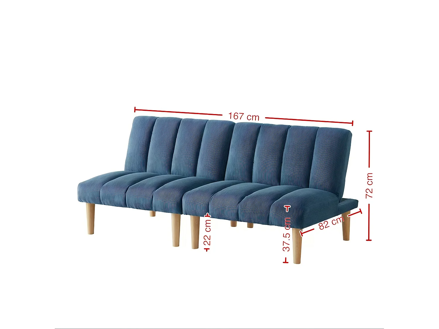 Canapé convertible 2 places bleu, sans accoudoirs, dossier réglable, futon pliable, salon