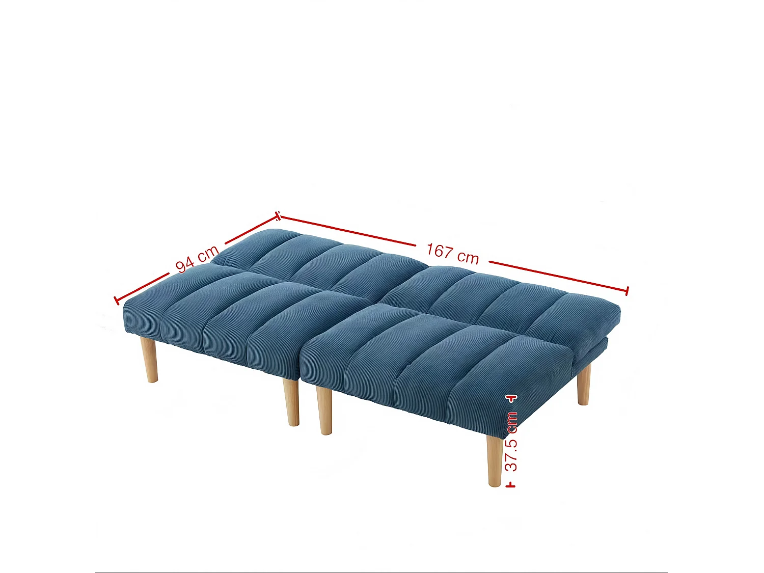 Canapé convertible 2 places bleu, sans accoudoirs, dossier réglable, futon pliable, salon