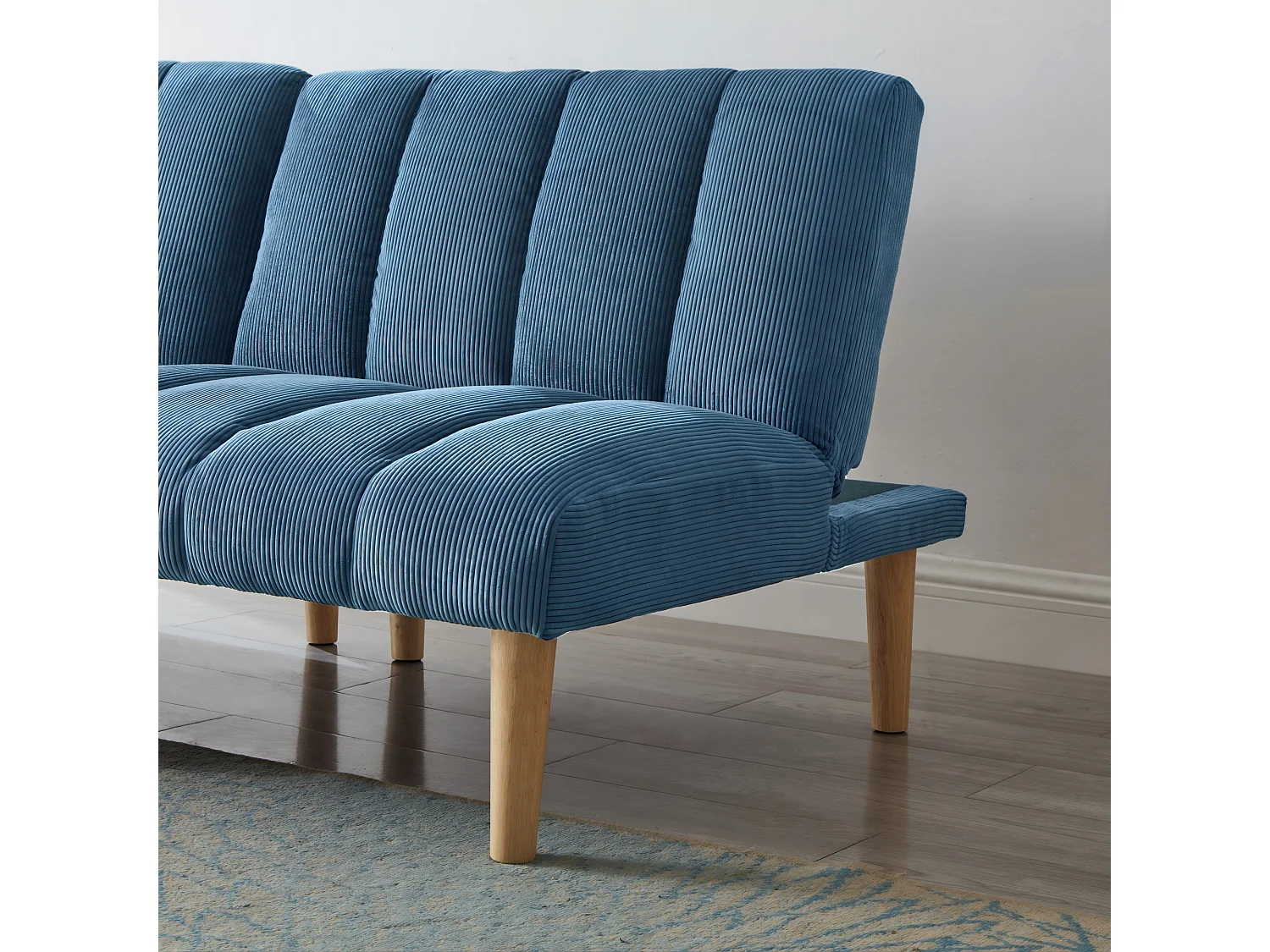 Canapé convertible 2 places bleu, sans accoudoirs, dossier réglable, futon pliable, salon