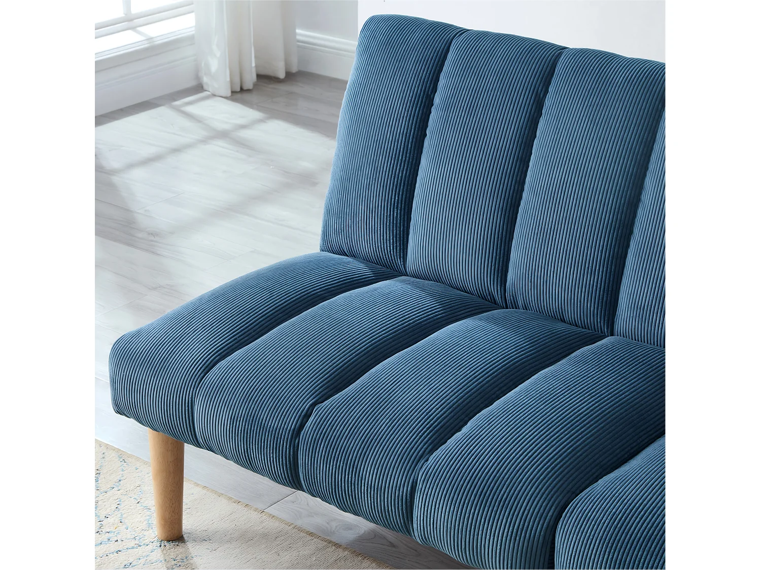 Canapé convertible 2 places bleu, sans accoudoirs, dossier réglable, futon pliable, salon