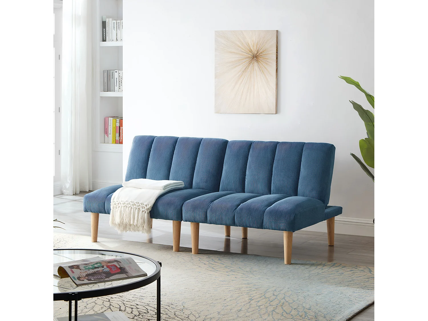 Canapé convertible 2 places bleu, sans accoudoirs, dossier réglable, futon pliable, salon