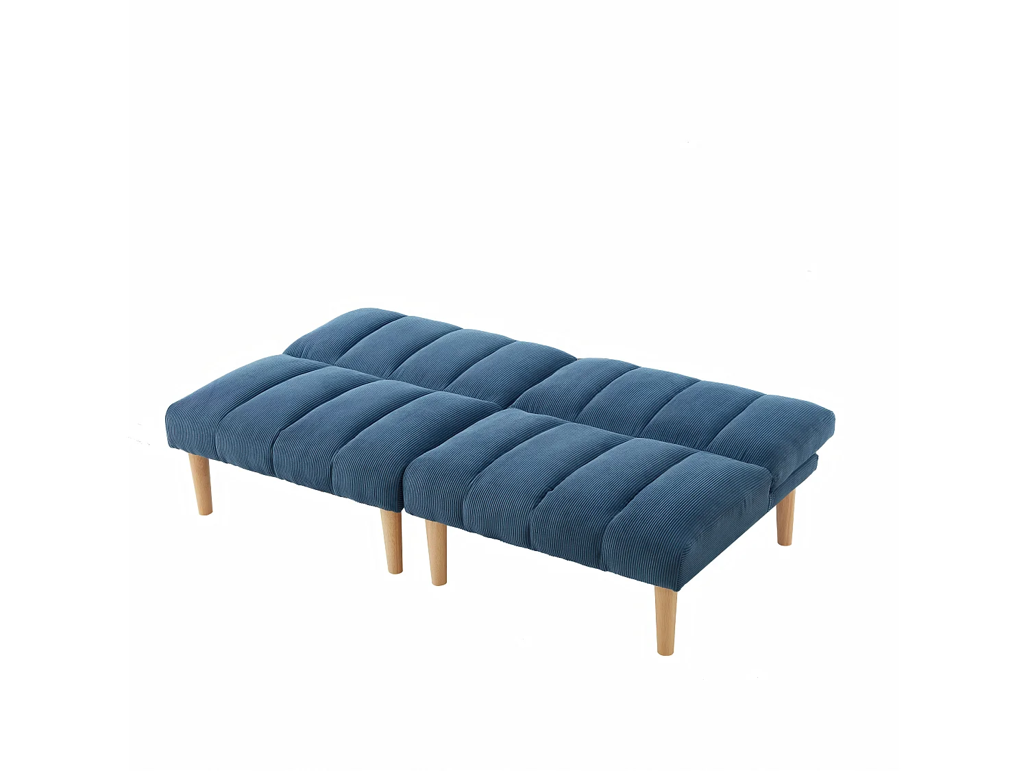 Canapé convertible 2 places bleu, sans accoudoirs, dossier réglable, futon pliable, salon