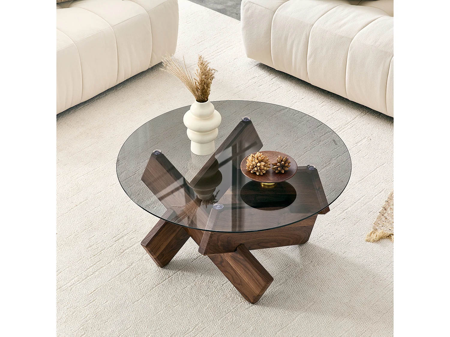 Ronde salontafel 79 cm in bruin - MDF en glas - Modern design
