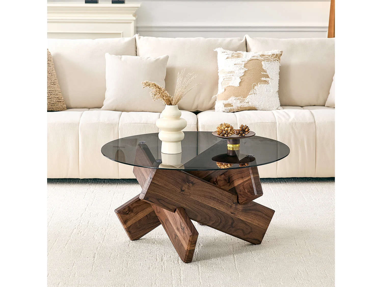 Ronde salontafel 79 cm in bruin - MDF en glas - Modern design
