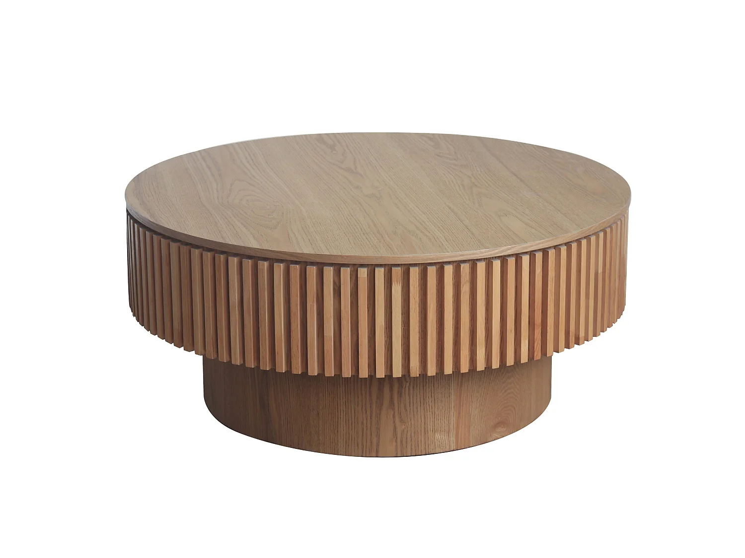 Mesa de centro redonda de 75 cm em madeira clara retro com espaço de arrumação - Tampo com textura de madeira