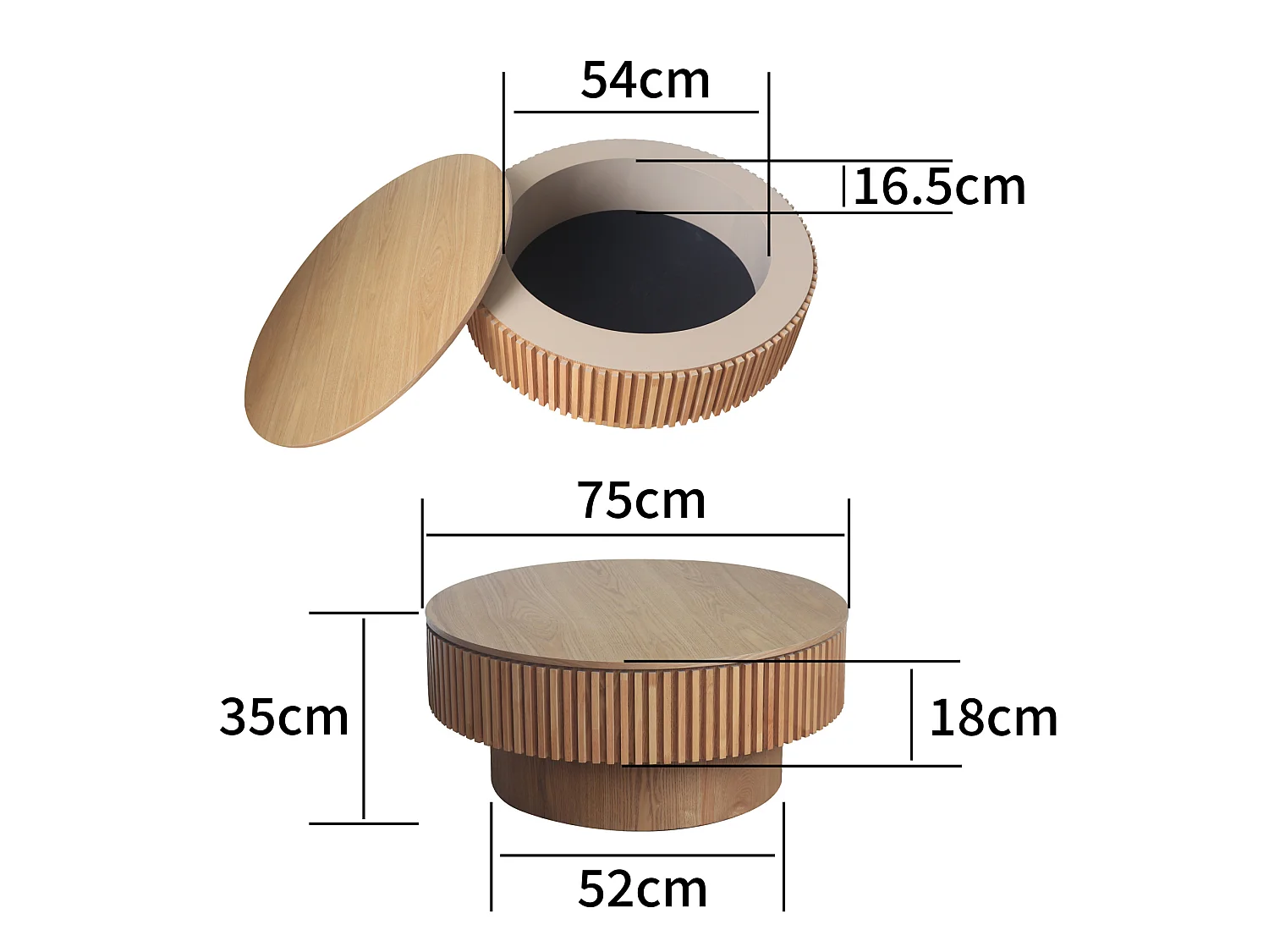 Mesa de centro redonda de 75 cm em madeira clara retro com espaço de arrumação - Tampo com textura de madeira