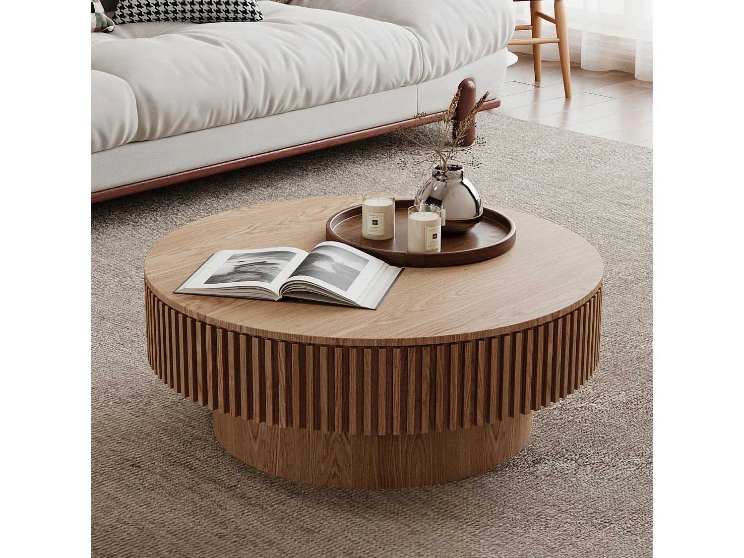 Mesa de centro redonda de 75 cm em madeira clara retro com espaço de arrumação - Tampo com textura de madeira